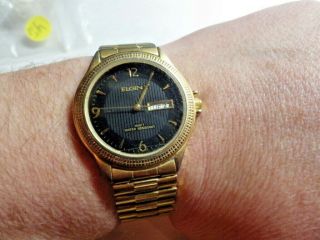 Vtg Elgin Ii Wristwatch Black Face Gold Tone Japan Movt Water Resistant Fct002