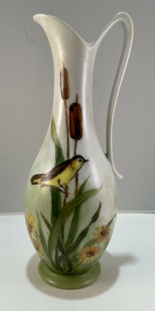Vintage Hand Painted Porcelain Pitcher Style Vase With Bird