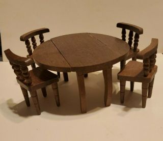 Vintage Miniature Dollhouse Wooden Dining Table With 4 Chairs
