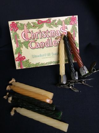 Vintage Antique Christmas Standard Oil Feather Tree Candle Box,  Candles & Clips