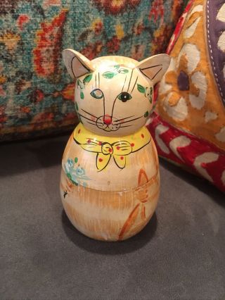 Vintage Folk Art Carved Wooden Cat Box Trinket Box Hand Painted 5” Tall Sweet