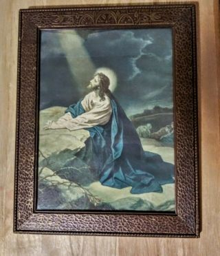 Antique Vintage 14.  5 " Wood Framed Print Jesus Prays In The Garden Of Gethsemane