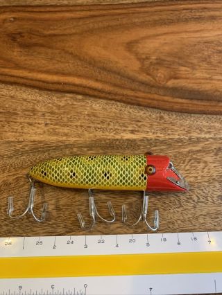 Vintage Heddon Head On Basser Fishing Lure Wood With Glass Eyes Frog Scale