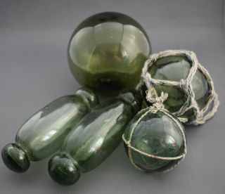 (5) Vintage Japanese Glass Fishing Floats,  Green,  3 Day