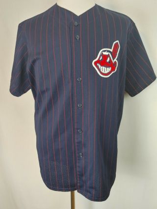 Rare Vintage Cleveland Indians Mens Pinstrip Baseball Jersey Blue Red Sz Xl