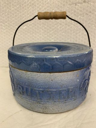 Vintage Blue & White Salt Glazed Butter Crock Stoneware With Wooden Handle