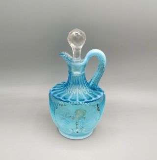 Antique 1902 Northwood Blue Opalescent Glass Cruet Bottle Wild Bouquet Pattern
