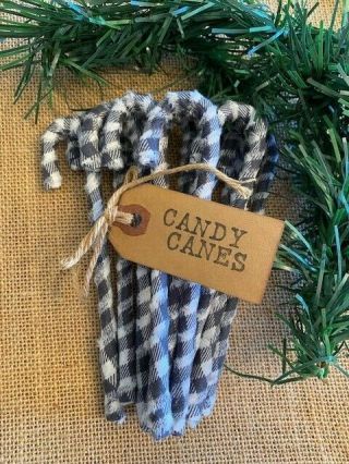 12 Primitive 6 " Gray Buffalo Plaid Fabric Candy Canes Christmas Ornaments