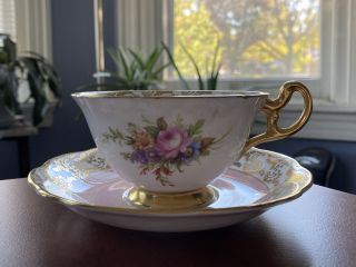 Eb Foley Pattern Bone China Tea Cup & Saucer.  Bouquet.  Pink & Gold Rim.  England