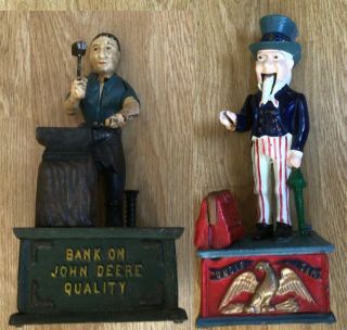 Vintage Antique Cast Iron Uncle Sam & John Deere Coin Piggy Banks