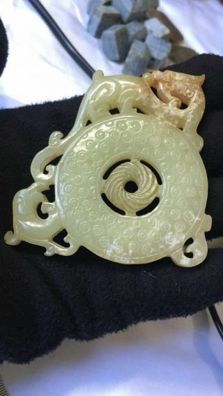One Fine Chinese Ancient Hetian Jade Carving Dragon Phoenix Bi Choi