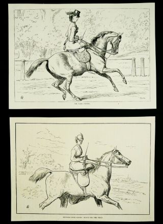 Women Riding Horse.  Set Of 2 Antique Prints From 1880.  Equestrianism