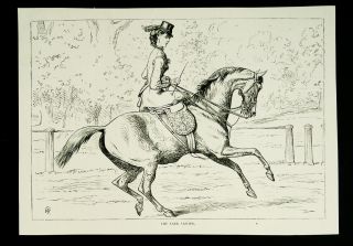 WOMEN RIDING HORSE.  SET OF 2 ANTIQUE PRINTS from 1880.  EQUESTRIANISM 3