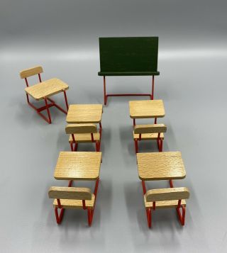 Vintage Dollhouse Furniture - Wood And Metal School Chalkboard And Desks