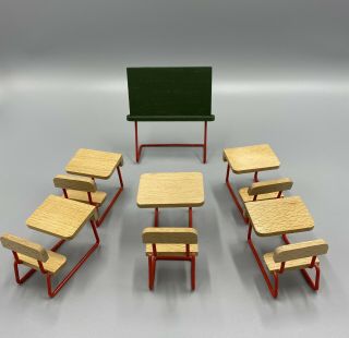 Vintage Dollhouse Furniture - Wood and Metal School Chalkboard and Desks 2