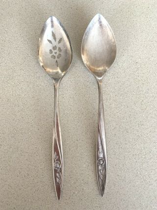 Community Silverplate Morning Rose Floral Set Of 2 Pierced & Solid Serving Spoon