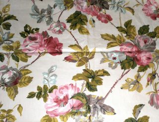 Vintage Roses Floral Polished Cotton Chintz Fabric Rose Pink Gray Olive Blue
