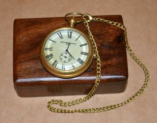 Antique Vintage Maritime Brass Pocket Watch Victoria Marine Art With Wooden Box