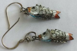 Exquisite Rare Estate Sterling Silver 925 Articulated Fish Dangle Earrings Bc78