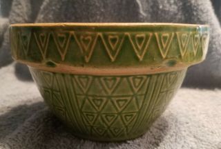 Antique Primitive Yellow Ware Pottery Bowl Green Hearts & Triangles 6 ".