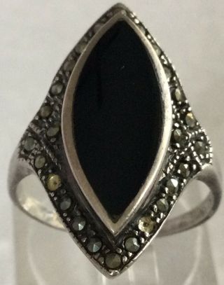 Gorgeous Rare Art Deco Sterling Silver 925 Black Onyx & Marcasite Ring Sz 7 Ax42