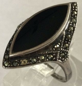Gorgeous Rare Art Deco Sterling Silver 925 Black Onyx & Marcasite Ring Sz 7 AX42 2