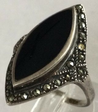 Gorgeous Rare Art Deco Sterling Silver 925 Black Onyx & Marcasite Ring Sz 7 AX42 3
