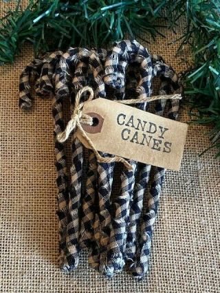 12 Primitive 6 " Black Plaid Homespun Fabric Candy Canes Christmas Ornaments