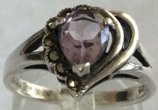 Gorgeous Rare Vintage Sterling Silver 925 Amethyst & Marcasite Ring Sz 7.  5 Ay13