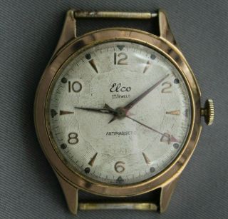 Elco Mens Watch Rose Gold Plated 17j Vintage Art Deco Old Parts Spares Repair