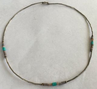 Stunning Rare Old Pawn Navajo Sterling Silver 925 Turquoise Necklace 14.  5 " Ay54
