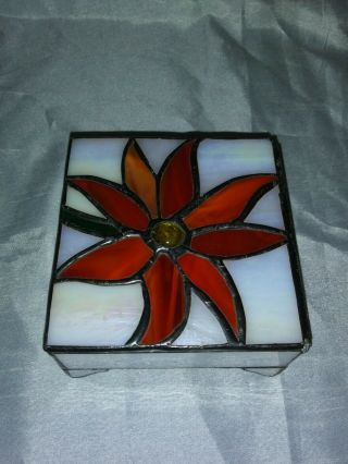 Antique Vintage Wind Up Music Box Christmas Flower.  Poinsettia Stained Glass