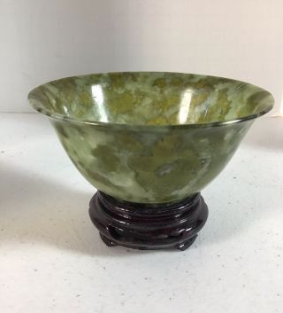Vintage Chinese Hand Carved Spinach Jade 4 " Wide Bowl W/wooden Stand Translucent