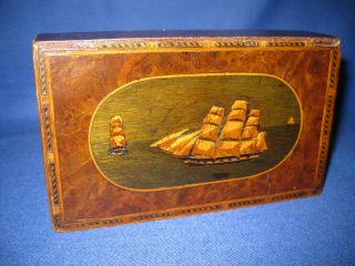 Rare Antique 18th Century Burr Walnut Small Box With Marquetry Inlai Seal Ship