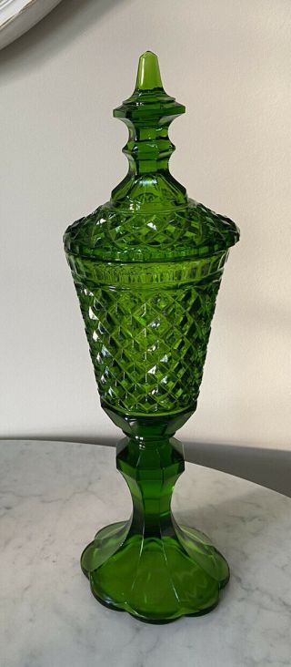 Vtg Christmas Green Diamond Pokal Glass Footed Compote Candy Dish Jar 16 "