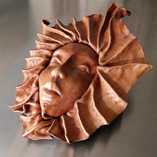 Vintage Artisan 3d Leather Molded Face Mask Sculpture Wall Hanging,  Lovely Face