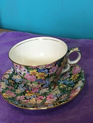 Vintage Royal Winton Footed Teacup & Saucer Floral Gold Trim Made In England