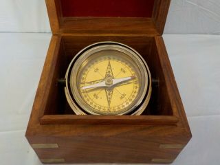 Vintage Maritime Compass In Wooden Box Frame 3 1/2 Tall 4 1/2 Wide Nautical