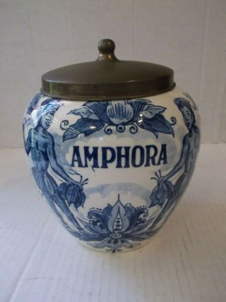 Vintage Hand Painted Delft Blue Holland Amphora Tobacco Jar With Lid