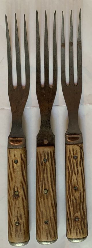 3 Antique Primitive Mid - 19th Century 3 Tine Forks W/ Wooden?handle