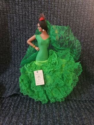 Vintage Marin Chiclana Spanish Flamenco Dancer Doll Green Dress 7 1/4 " Tall