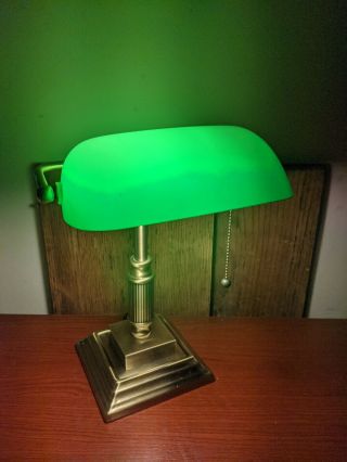 Vintage Bankers Desk Lamp W/ Green Glass Shade Student Antique Piano Table Light