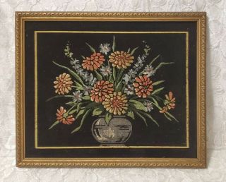 Vintage Floral Arrangment Black Velvet Oil Painting 8 " X 10 " Framed