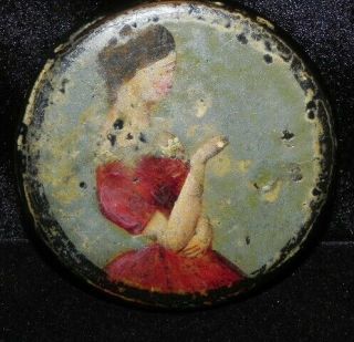 Antique Victorian Black Compact Lady In Red Dress On Lid Powder