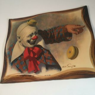 Vintage Coco The Clown Arthur Sarnoff Litho Print On Wood 10 1/2 " X 9 " W/ Yo Yo