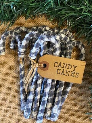 12 Primitive 5 " Gray Buffalo Plaid Fabric Candy Canes Christmas Ornaments