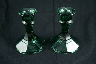 Two Emerald Green Glass Candlestick Candle Holders - As A Pair