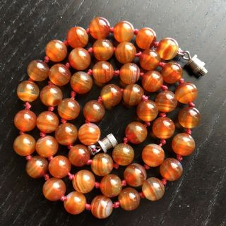19” Vtg Antique Chinese Carved Carnelian Banded Agate Stone Art Beaded Necklace
