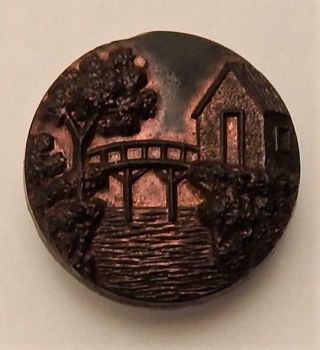 Antique Iridescent Black Glass Picture Button House & Bridge Over Stream