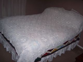 Vintage Hand Crochet Floral Antique Lace Heavy Cotton Bedspread Coverlet 96x117 2